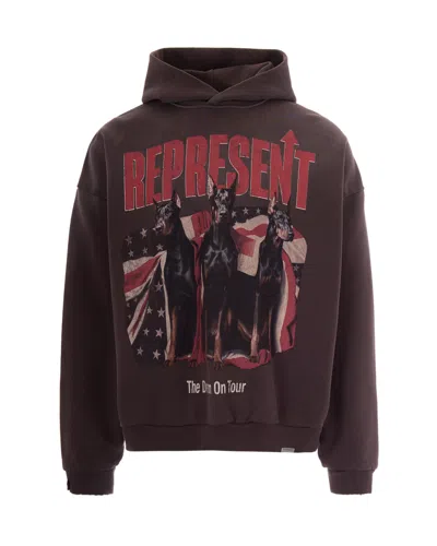 Represent Dark Brown Logo Hood Sweatshirt In Burgundy