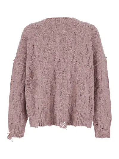 Represent Distressed Crewneck Sweatshirt With Back Logo Patch In Tech Fabric In Pink