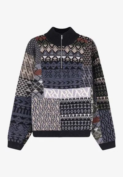 Represent Duality Patchwork Half-zip Knitted Sweater In Multicolor