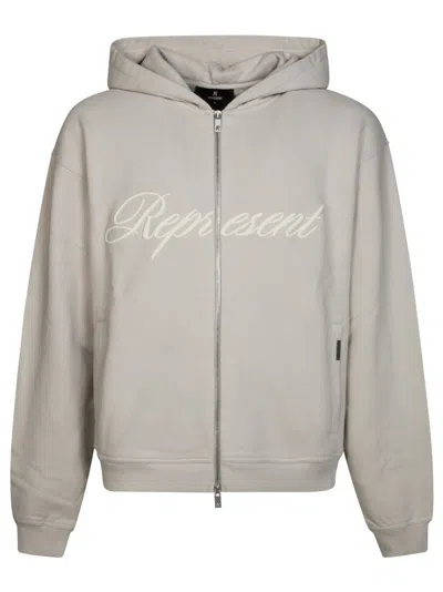 Represent Embroidered Logo Zip-up Hoodie With Ribbed Cuffs In White