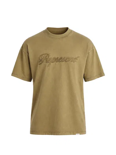 Represent Cotton T-shirt With Rhinestone Logo In Green