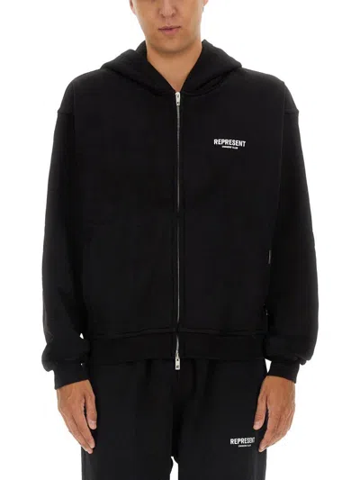 Represent Full Zip Cotton Hoodie In Black
