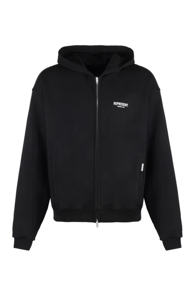 Represent Full Zip Cotton Hoodie In Black