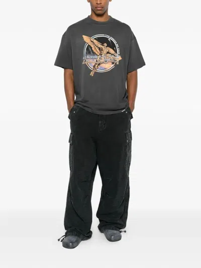 Represent Black Crew Neck T-shirt With Graphic Print On Front And Back And Faded Effect In Cotton Man In Gray