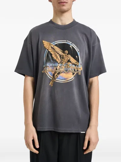 Represent Black Crew Neck T-shirt With Graphic Print On Front And Back And Faded Effect In Cotton Man In Gray