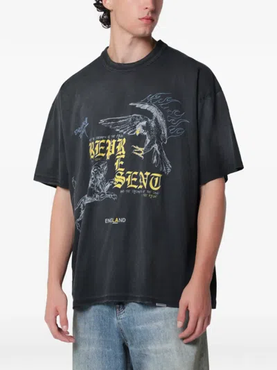 Represent Black Faded Tshirt With Eagle Logo Print In Multi