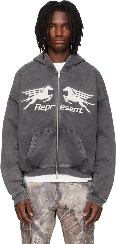 Represent Gray Pegasus Zip Through Hoodie In Black