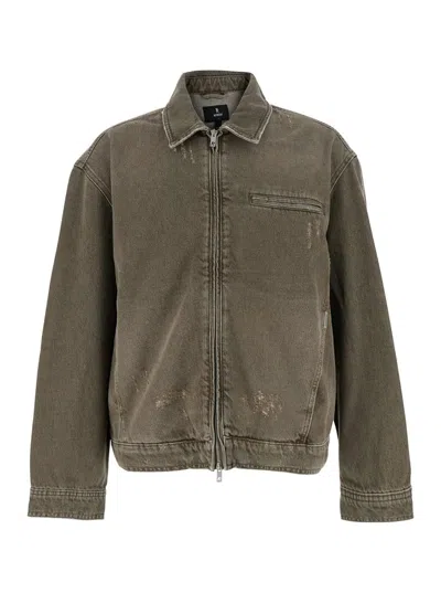 REPRESENT GREEN JACKET WITH CLASSIC COLLAR AND LOGO PLAQUE ON THE FRONT IN DENIM MAN