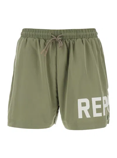 Represent Green Swim Shorts With Elastic Drawstring Waist And Logo Lettering Print In Tech Fabric Man