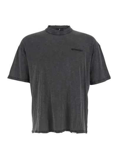 Represent Grey Crewneck T-shirt With Logo Lettering On The Front In Cotton Man In Black