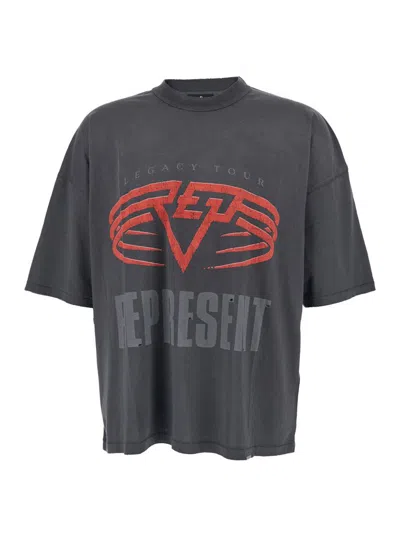 Represent Grey Crewneck T-shirt With Maxi Logo Print On Front And Rear In Cotton Blend Man In Black