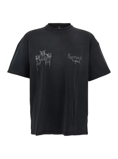 REPRESENT THOROUGHBRED DOG BLACK CREWNECK T-SHIRT WITH LOGO LETTERING ON THE FRONT AND MAXI DRAWING ON THE REA
