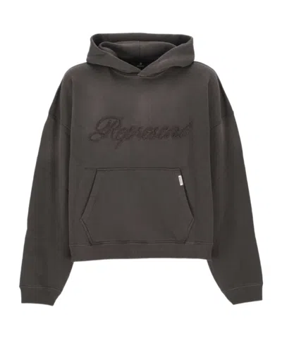 Represent Logo Embroidered Long Sleeved Hoodie In Gray