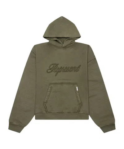 Represent Logo Embroidered Long Sleeved Hoodie In Green