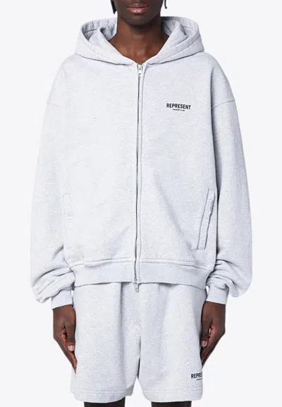 Represent Logo-embroidered Zip-up Hooded Sweatshirt In Grey