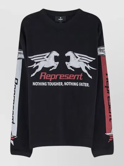 Represent Long Sleeve Crew Neck Graphic Text T-shirt In Black