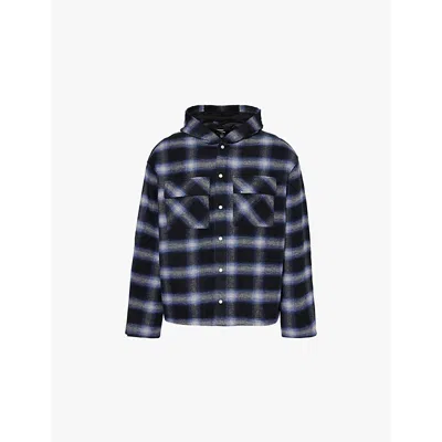 Represent Mens Midnight Navy Check-pattern Hooded Flannel Jacket