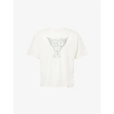 Represent Mens Flat White Logo-print Crewneck Cotton-blend T-shirt In Neutral