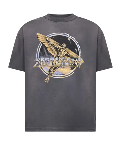 Represent Black Crew Neck T-shirt With Graphic Print On Front And Back And Faded Effect In Cotton Man In Gray