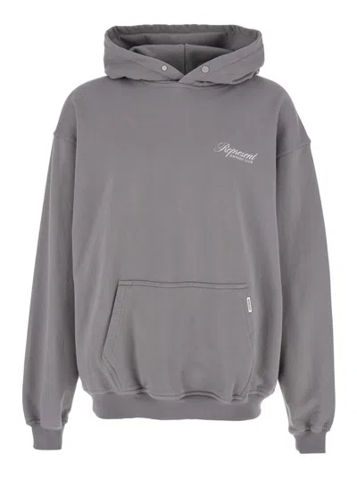 REPRESENT GREY HOODIE WITH LOGO LETTERING ON THE FRONT AND MAXI LOGO PRINT ON THE REAR IN COTTON MAN
