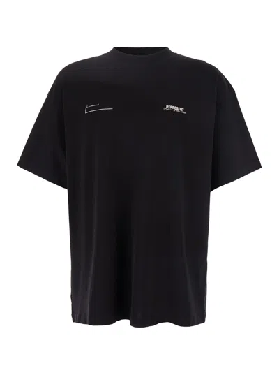 Represent Patron Of The Club Black Crewneck T-shirt With Front And Back Logo Print In Cotton Man