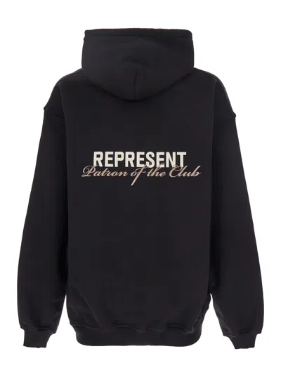 REPRESENT PATRON OF THE CLUB BLACK HOODIE WITH FRONT AND BACK LOGO PRINT IN COTTON MAN