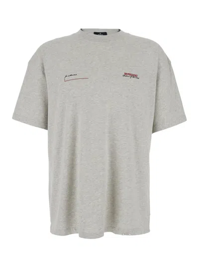 Represent Patron Of The Club Grey Crewneck T-shirt With Front And Back Logo Print In Cotton Man In Gray