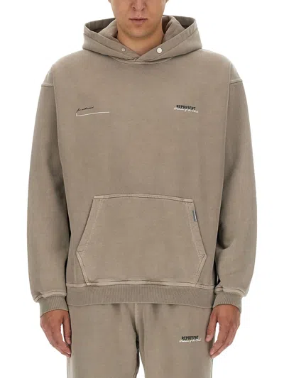 Represent Logo Embroidered Hoodie In Mudstone