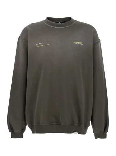 REPRESENT 'PATRON OF THE CLUB' OLIVE GREEN CREWNECK SWEATER WITH FRONT AND BACK LOGO PRINT IN COTTON MAN