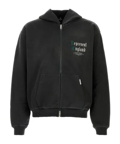 Represent Cotton Hooded Sweatshirt Front Pockets Ribbed In Black