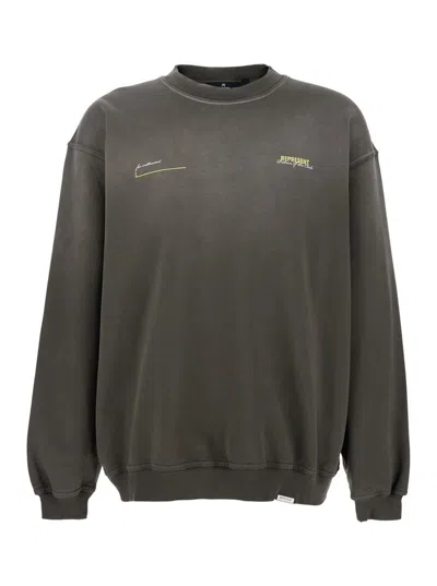 REPRESENT 'PATRON OF THE CLUB' OLIVE GREEN CREWNECK SWEATER WITH FRONT AND BACK LOGO PRINT