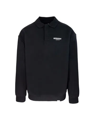 Represent Logo-print Cotton Polo Sweatshirt In Black