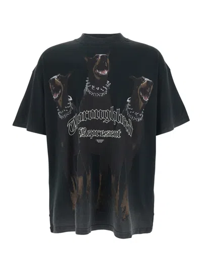 Represent Thoroughbred Black T-shirt With Doberman Graphic Print And Logo Lettering On The Front In Cotton Man In Blue
