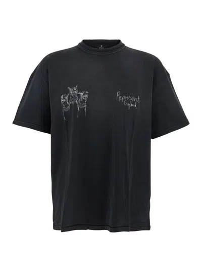 REPRESENT 'THOROUGHBRED DOG' BLACK CREWNECK T-SHIRT WITH LOGO LETTERING ON THE FRONT AND MAXI DRAWING ON THE R