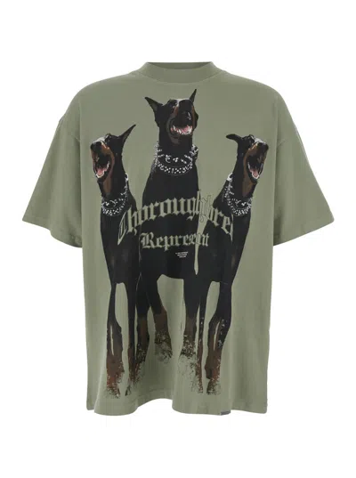 Represent Thoroughbred Green T-shirt With Doberman Graphic Print And Logo Lettering On The Front In Cotton Man
