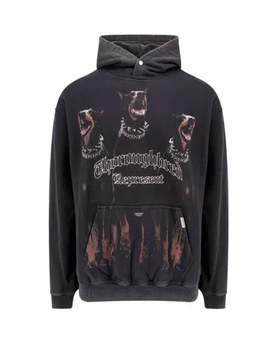 REPRESENT VINTAGE BLACK HOODIE WITH DOBERMAN GRAPHIC AND CLASSIC FEATURES