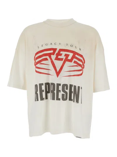 REPRESENT WHITE CREWNECK T-SHIRT WITH MAXI LOGO PRINT ON FRONT AND REAR IN COTTON BLEND MAN