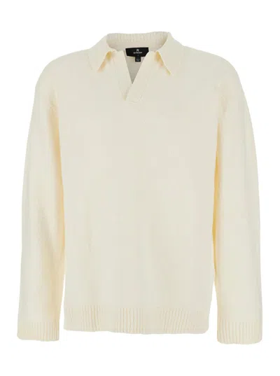 REPRESENT WHITE LONG-SLEEVE POLO SHIRT WITH CLASSIC COLLAR AND RIBBED TRIMS IN COTTON BLEND STRETCH MAN