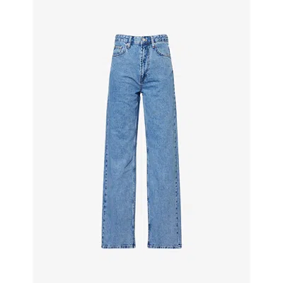 Represent Womens Washed Blue Split-cuffs Brand-patch Straight-leg High-rise Denim Jeans