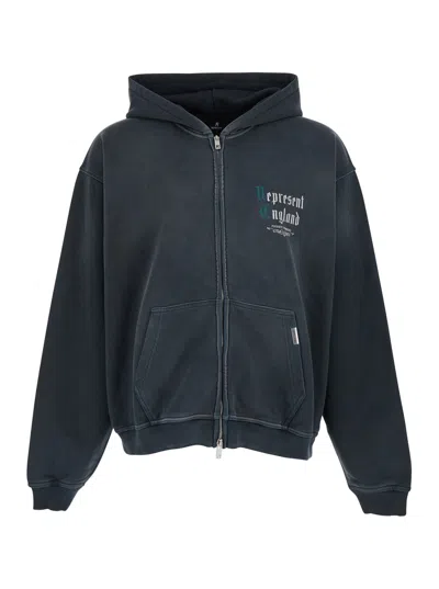 Represent Zip-up Hooded Cotton Sweatshirt With Maxi Back Logo In Black