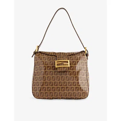 Reselfridges Womens Brown Pre-loved Fendi Zucchino Crystal Double Flap Canvas Shoulder Bag