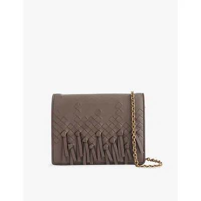 Reselfridges Womens Brown Taupe Pre-loved Bottega Veneta Intrecciato Fringe Leather Wallet-on-chain