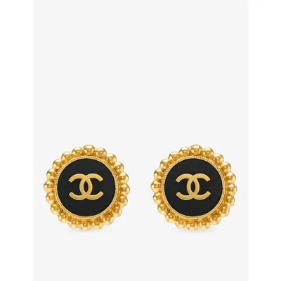 Reselfridges Womens Pre-loved Cc Gold-plated And Enamel Button Clip-on Earrings Black Gold