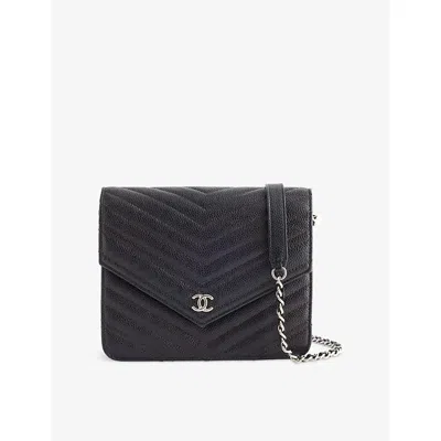 Reselfridges Womens Pre-loved Chanel Cc Chevron Square Leather Wallet-on-chain Black
