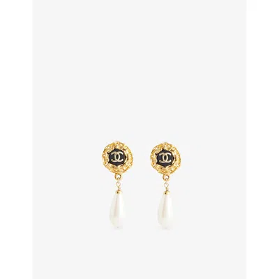 Reselfridges Womens Pre-loved Chanel Cc Gold-plated Lacquered And Faux-pearl Clip-on Drop Earrings