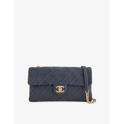 Reselfridges Womens Pre-loved Chanel Triple Flap Leather Cross-body Bag Blue Navy
