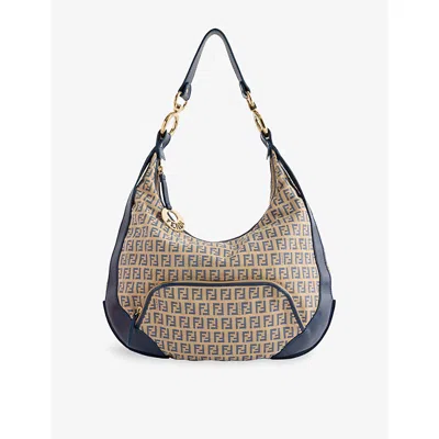 Reselfridges Womens Pre-loved Fendi Zucchino Chef Pocket Canvas Hobo Bag Blue Beige Navy