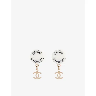 Reselfridges Womens  Pre-loved Chanel Cc Dangle Gold-plated Acrylic Earrings In White