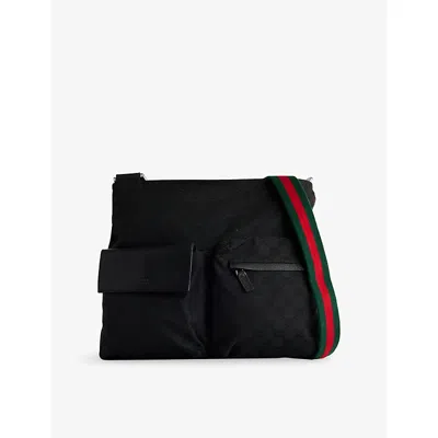 Reselfridges Womens  Preloved Gucci Gg Web Double-pocket Canvas Crossbody Bag In Black