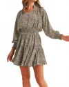 Reset By Jane Animal Print Long Sleeve Smocked Waist Short Dress In Taupe In Gray